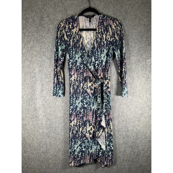 BCBGMaxazria Dress Women XS Long Sleeve Blue Wrapped Midi Artsy Classic Timeless - Picture 1 of 7